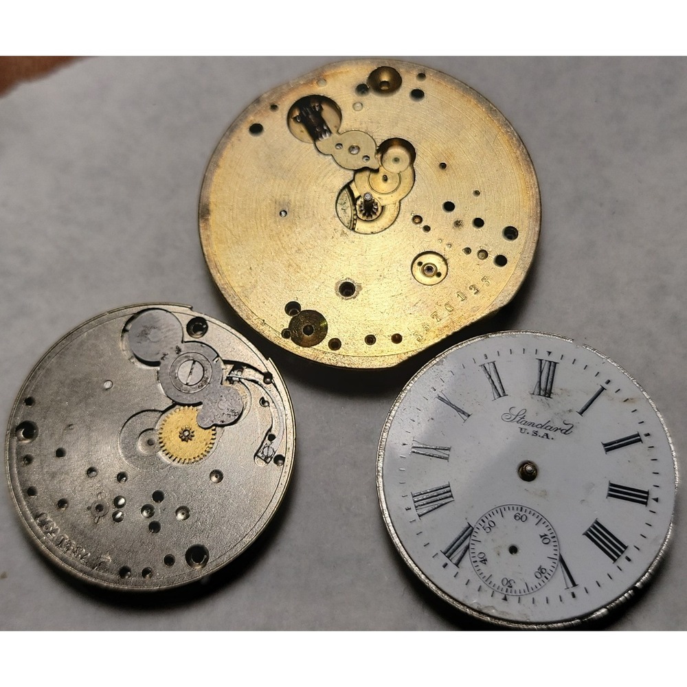 3 x Antique Pocket Watch Movement For Parts Or Crafts - Standard, Sun Dial etc.